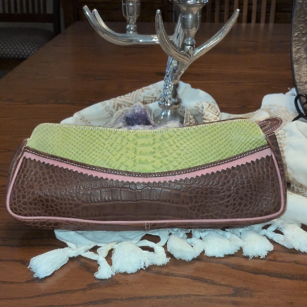 Retro New Leather Claudia Firenze Brown and Green Crocodile-Embossed Clutch